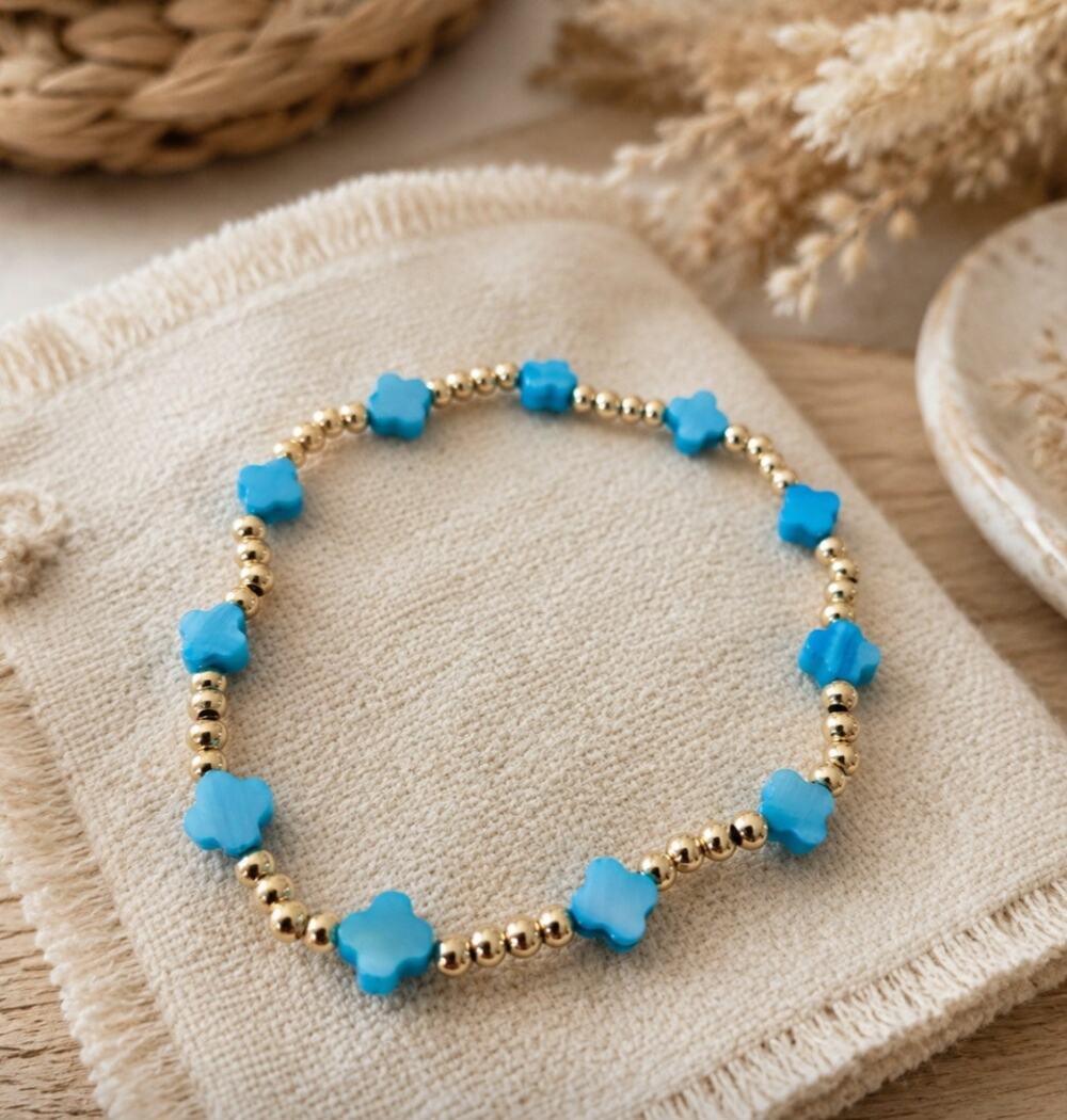 Gold Semi Precious Flower Stone Simple Thin Stretch Bracelet